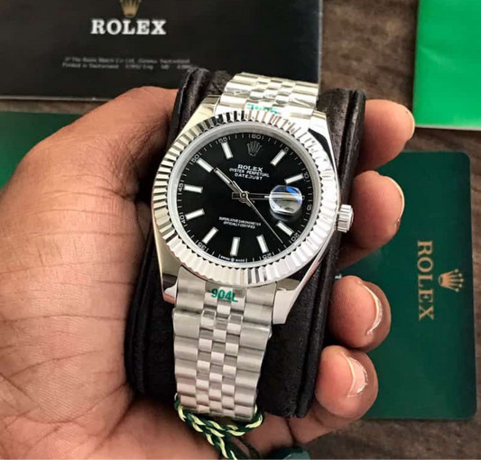 Rolex Datejust 41 Silver & Steel Fluted Jubilee Black Dial Swiss Semi ETA 3235 Movement