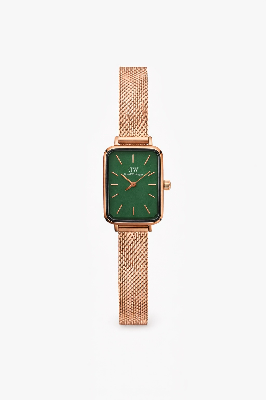 DW Rose Gold Rectangular green Dial Mesh Strap Watch