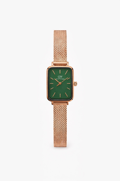 DW Rose Gold Rectangular green Dial Mesh Strap Watch