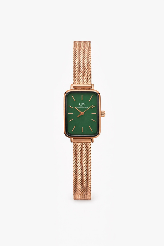 DW Rose Gold Rectangular green Dial Mesh Strap Watch