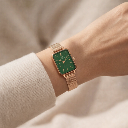 DW Rose Gold Rectangular green Dial Mesh Strap Watch