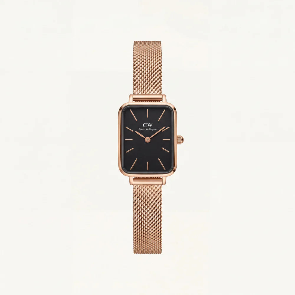 Rose Gold Rectangular Black Dial Mesh Strap Minimal Watch
