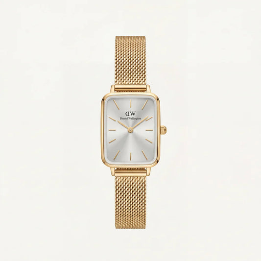 Gold Rectangular Silver Sunray Dial Mesh Strap Watch