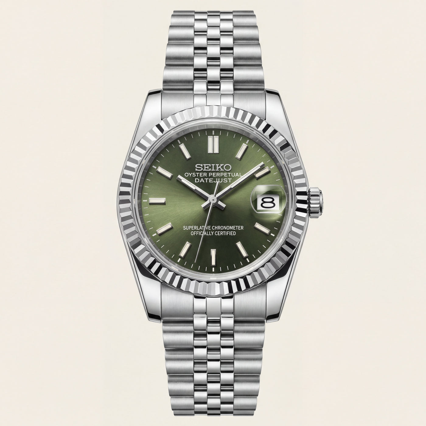 Luxury Silver Stainless Steel Watch Fluted Bezel Green Sunburst Dial Jubilee Bracelet Premium Automatic Watch – Men