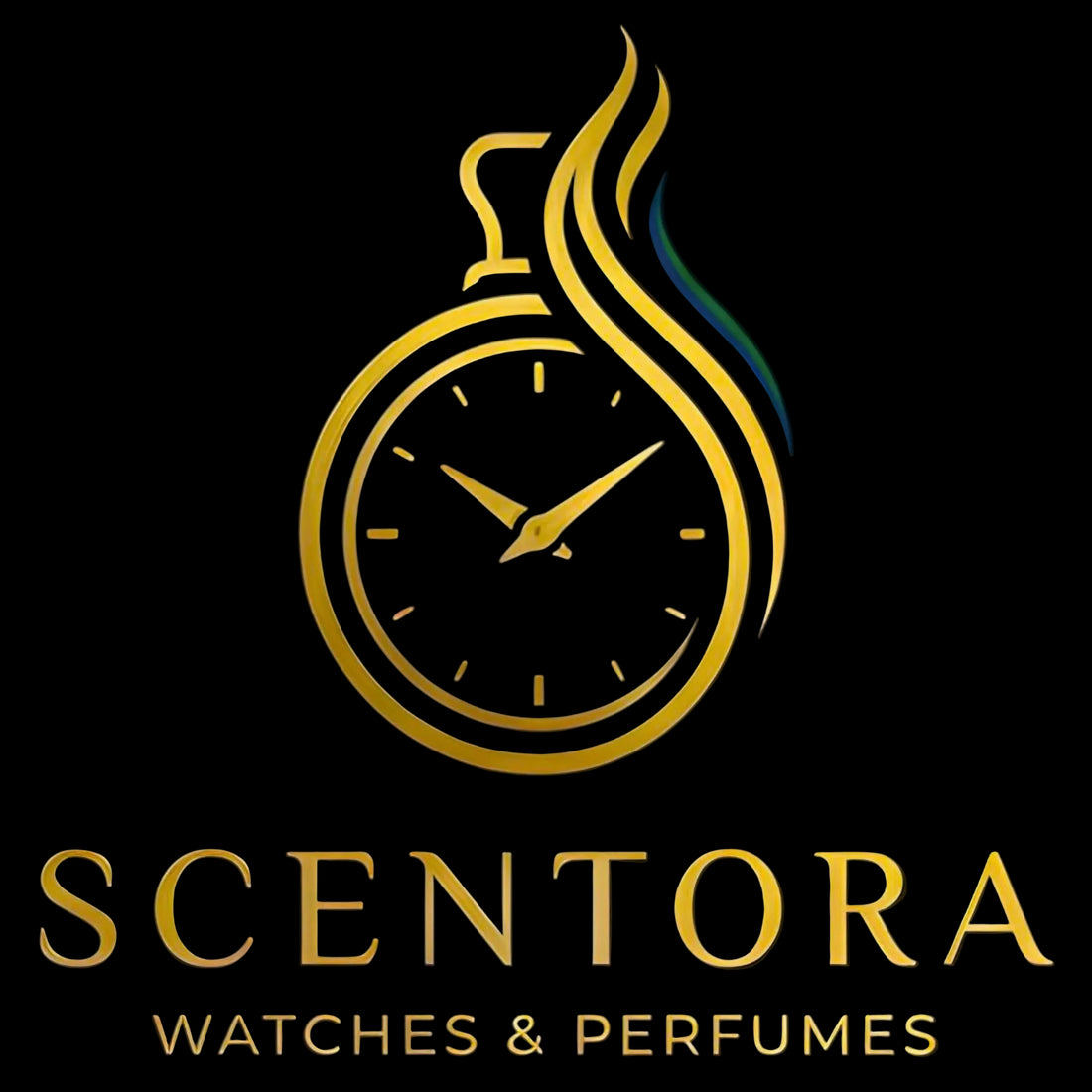 Logo of Scentora watches and perfumes with a gold watch and perfume bottle design on a black background.